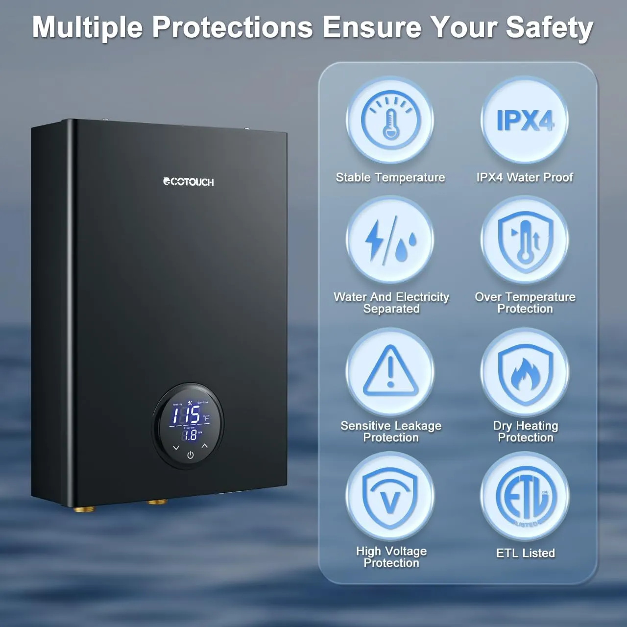 Electric Tankless Water Heater, ECOTOUCH 14kW Instant Hot Water Heater on Demand 240V Point of Use Hot Water Heater ETL Certificated Self-Modulation ECO140B Black