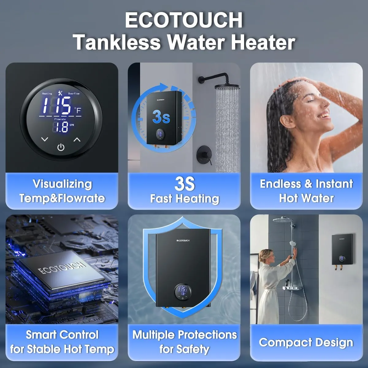 Electric Tankless Water Heater, ECOTOUCH 14kW Instant Hot Water Heater on Demand 240V Point of Use Hot Water Heater ETL Certificated Self-Modulation ECO140B Black