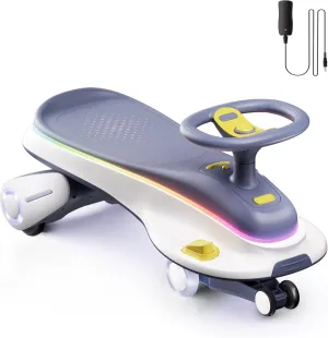 Electric Wiggle Car with Pedal, FasonBaby Wiggle Car for Kids, 2 in 1 Swing Car with LED Flashing Wheels, Rechargeable Battery, Anti-Rollover CyberWiggle for Ages 3 and Up (Grey)