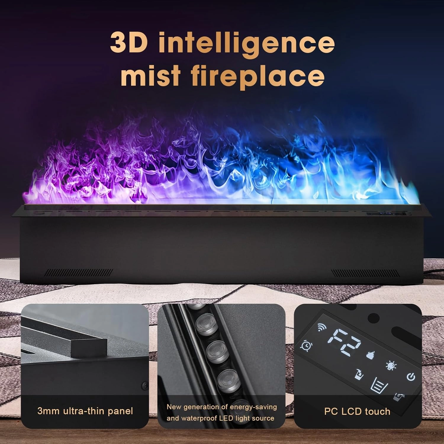 Electric Fireplace with APP Smart Control,Water Vapor Fireplace with Water Connection Direct,Fireplace with Multicolor Atomized Flame,with Remote Control,Size:39.37x7.87x8.27 in