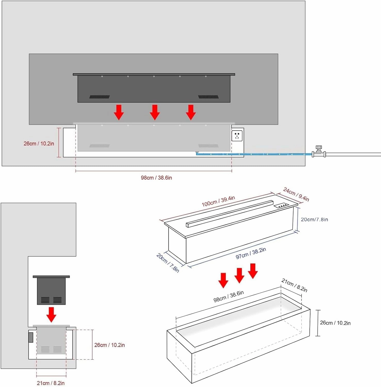 Electric Fireplace with APP Smart Control,Water Vapor Fireplace with Water Connection Direct,Fireplace with Multicolor Atomized Flame,with Remote Control,Size:39.37x7.87x8.27 in