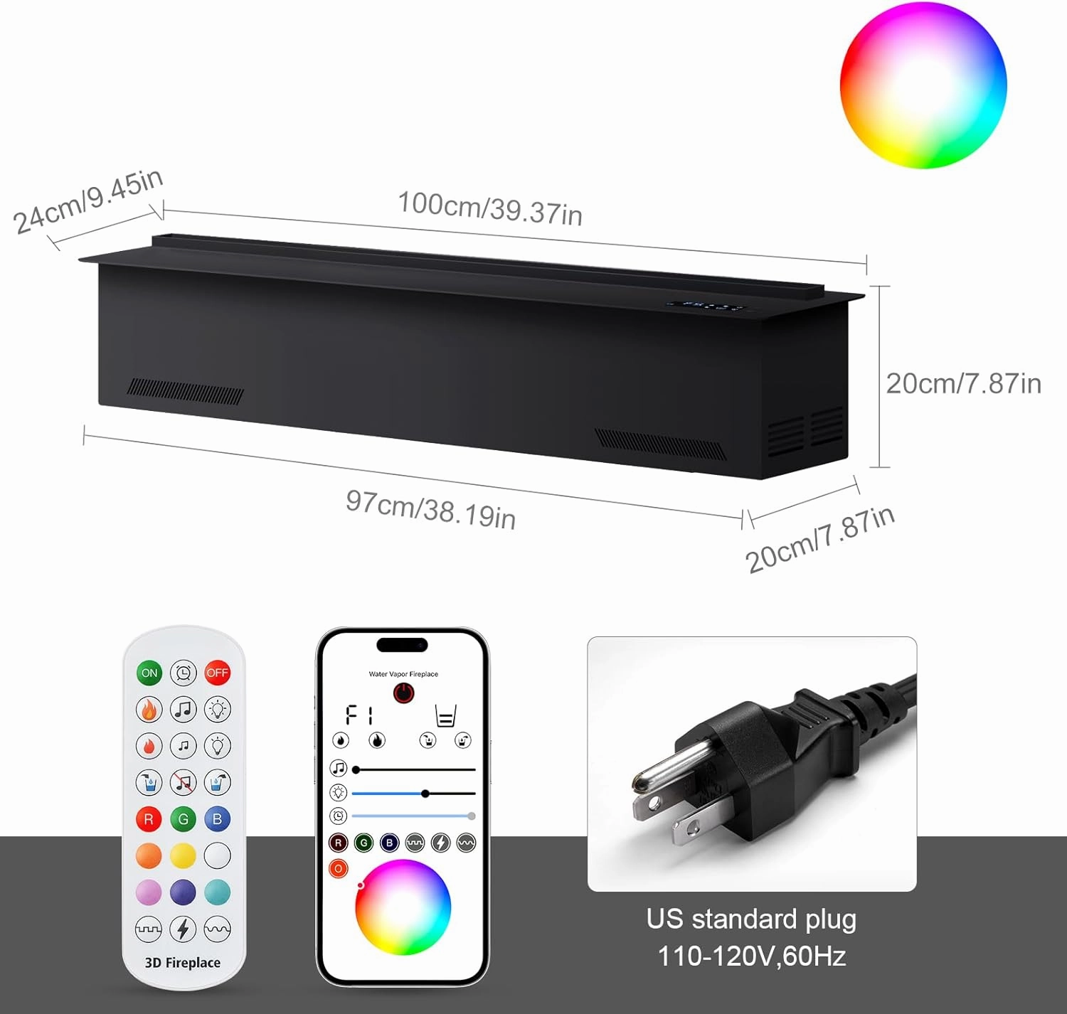 Electric Fireplace with APP Smart Control,Water Vapor Fireplace with Water Connection Direct,Fireplace with Multicolor Atomized Flame,with Remote Control,Size:39.37x7.87x8.27 in