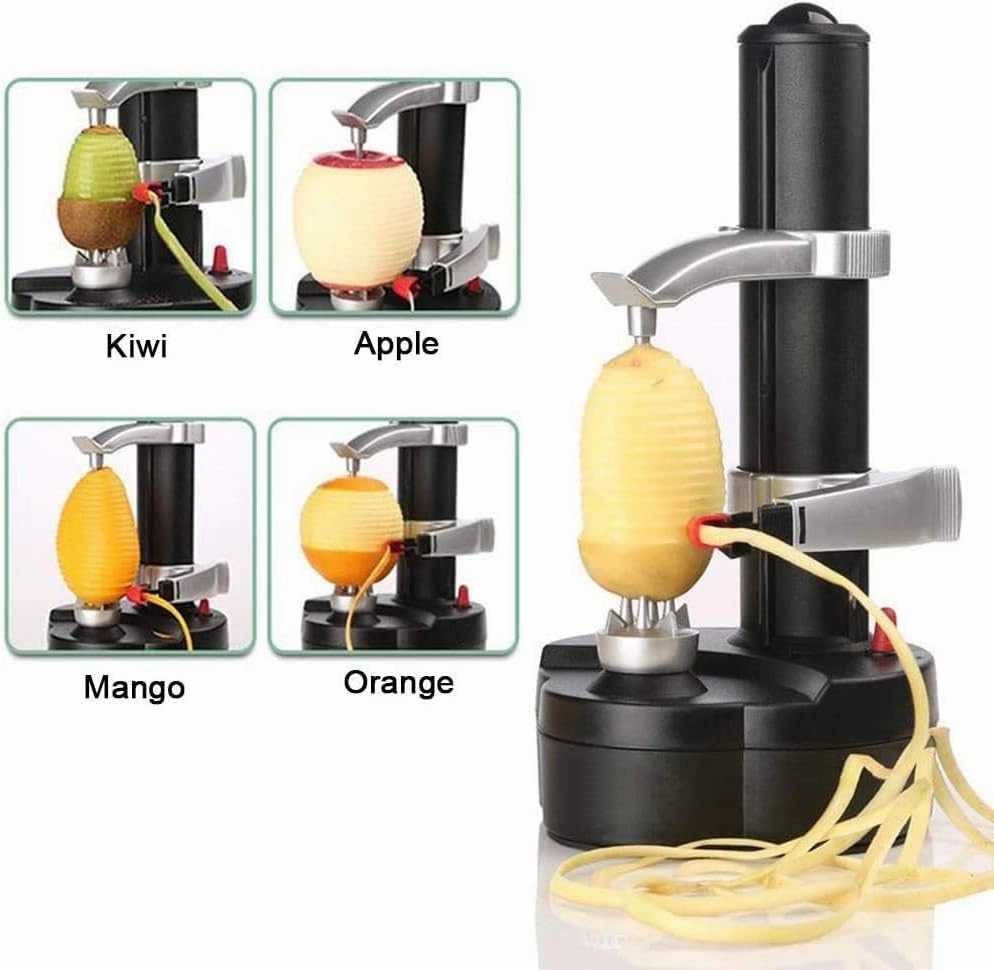 Electric Potato Peeler Automatic Potato Peeler Machine, Electric Peeler Fruits and Vegetables, Apple Peeling Machine for Kitchen [1 Adapter 2 Extra Blades] with Apple Corer (Black-C)