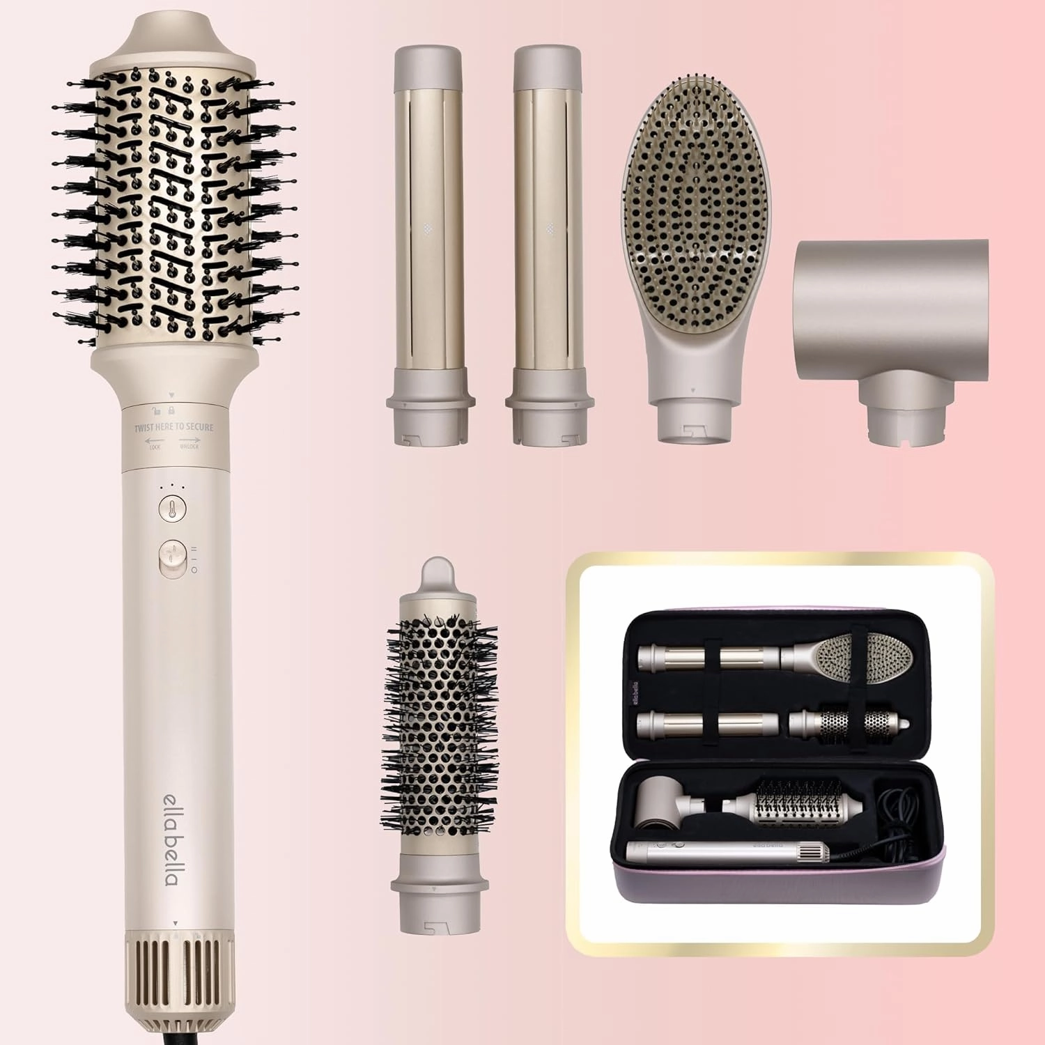 ELLA BELLA® 6 in 1 Professional Hot Air Styler • Powerful Hair Dryer & Straightener Set • Styling Without Heat Damage • Fast Drying Curling Volumizing Straightening • Includes Protective Travel Case