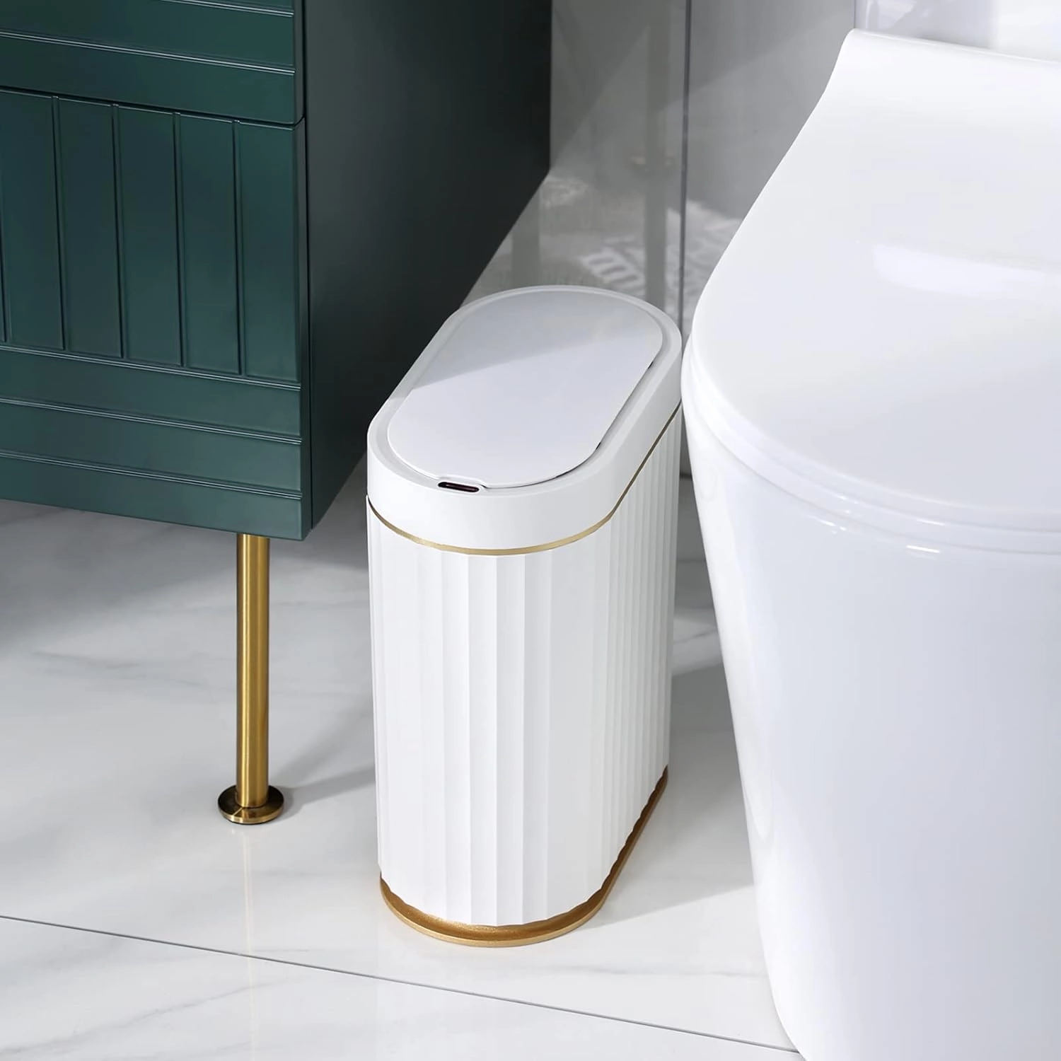 ELPHECO Automatic Motion Sensor Trash Can - 2 Gallon Slimline for Bathroom, Bedroom, Kitchen, Office - White with Gold Trim