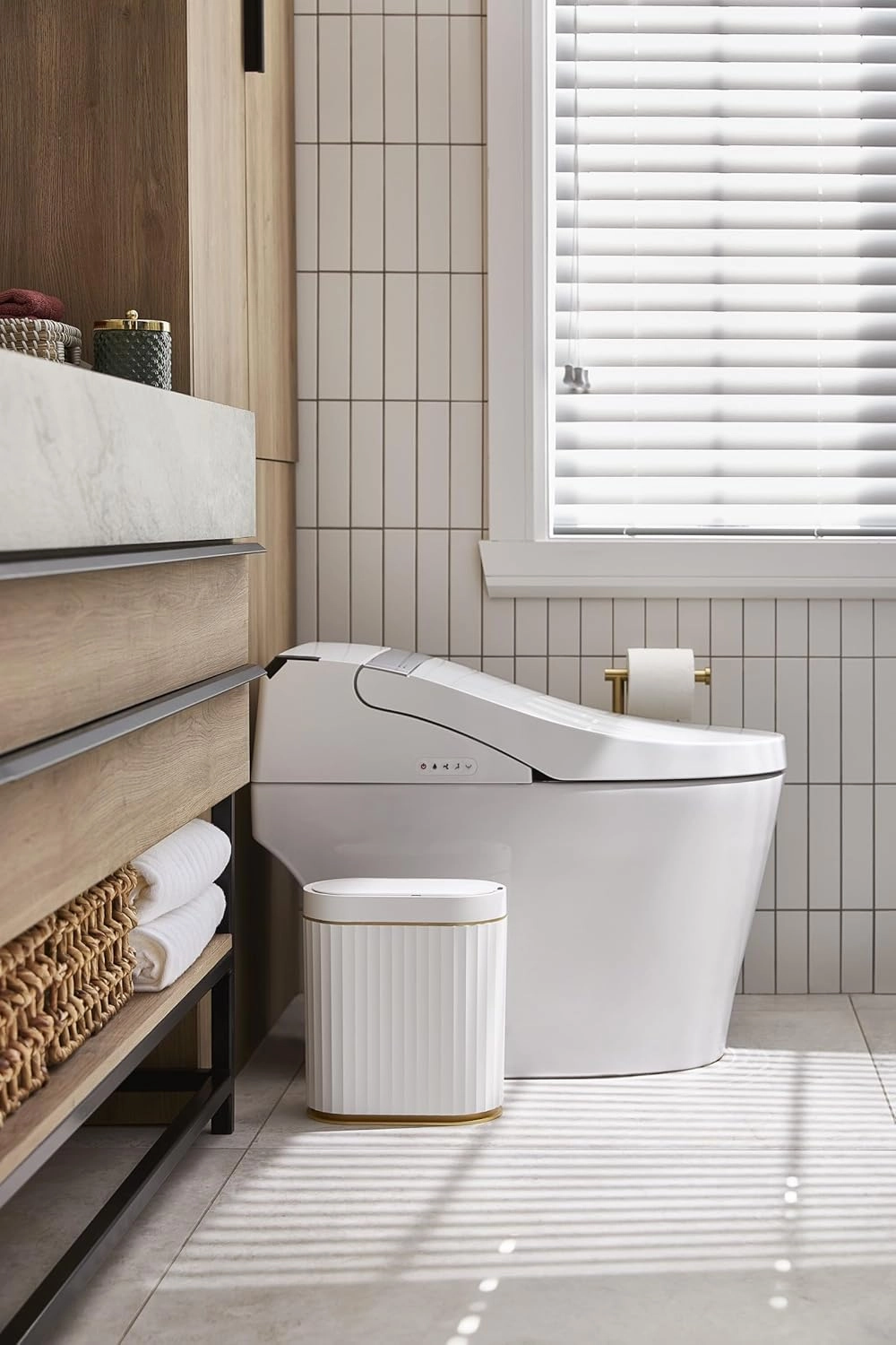 ELPHECO Automatic Motion Sensor Trash Can - 2 Gallon Slimline for Bathroom, Bedroom, Kitchen, Office - White with Gold Trim