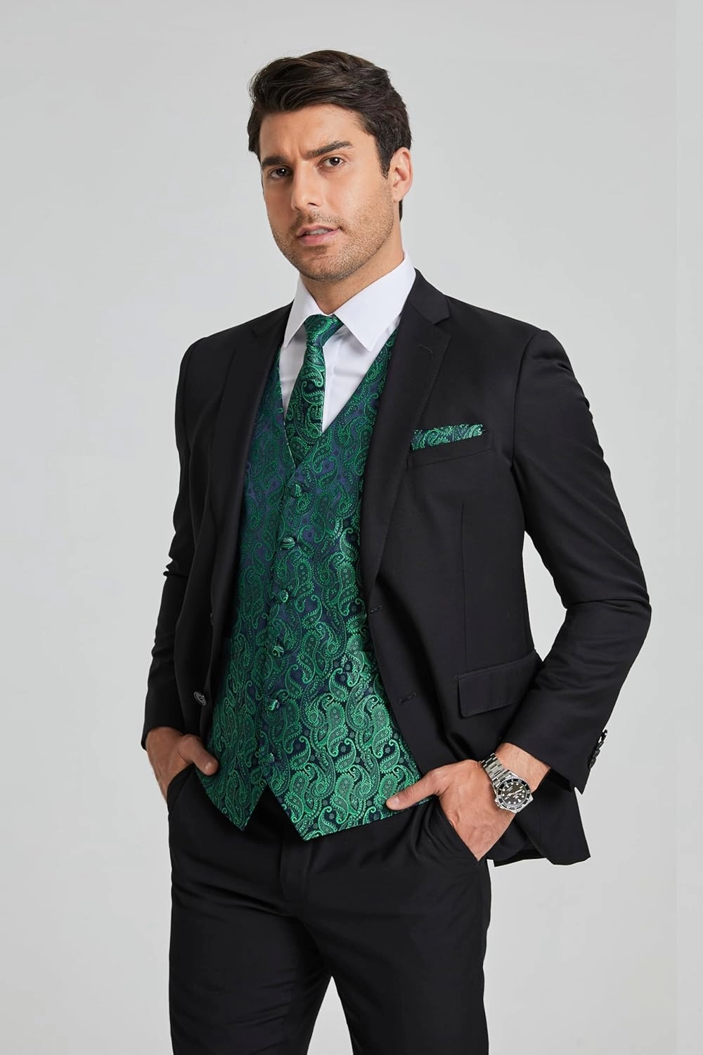 Enlision Mens Vest Tie Set Paisley Vest and Necktie Pocket Square 3pc Formal Dress Waistcoat for Suit or Tuxedo