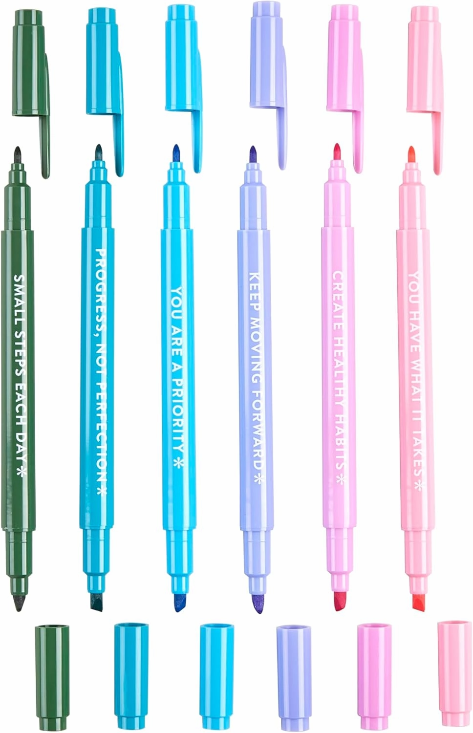 Erin Condren Colorful Wellness-Themed Dual-Tip Markers 6-Pack with Motivational Markers Set Featuring Wellness Prompts and Inspiration