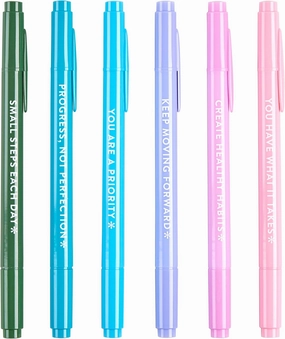Erin Condren Colorful Wellness-Themed Dual-Tip Markers 6-Pack with Motivational Markers Set Featuring Wellness Prompts and Inspiration