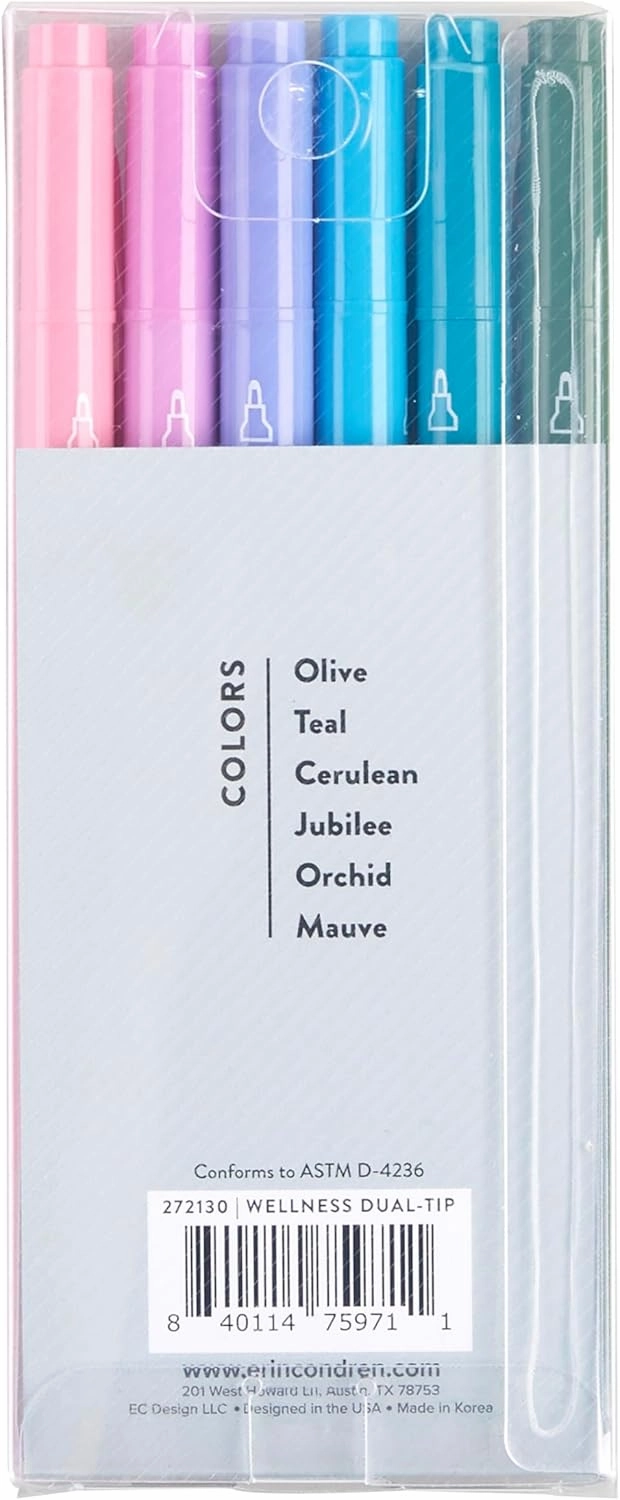 Erin Condren Colorful Wellness-Themed Dual-Tip Markers 6-Pack with Motivational Markers Set Featuring Wellness Prompts and Inspiration