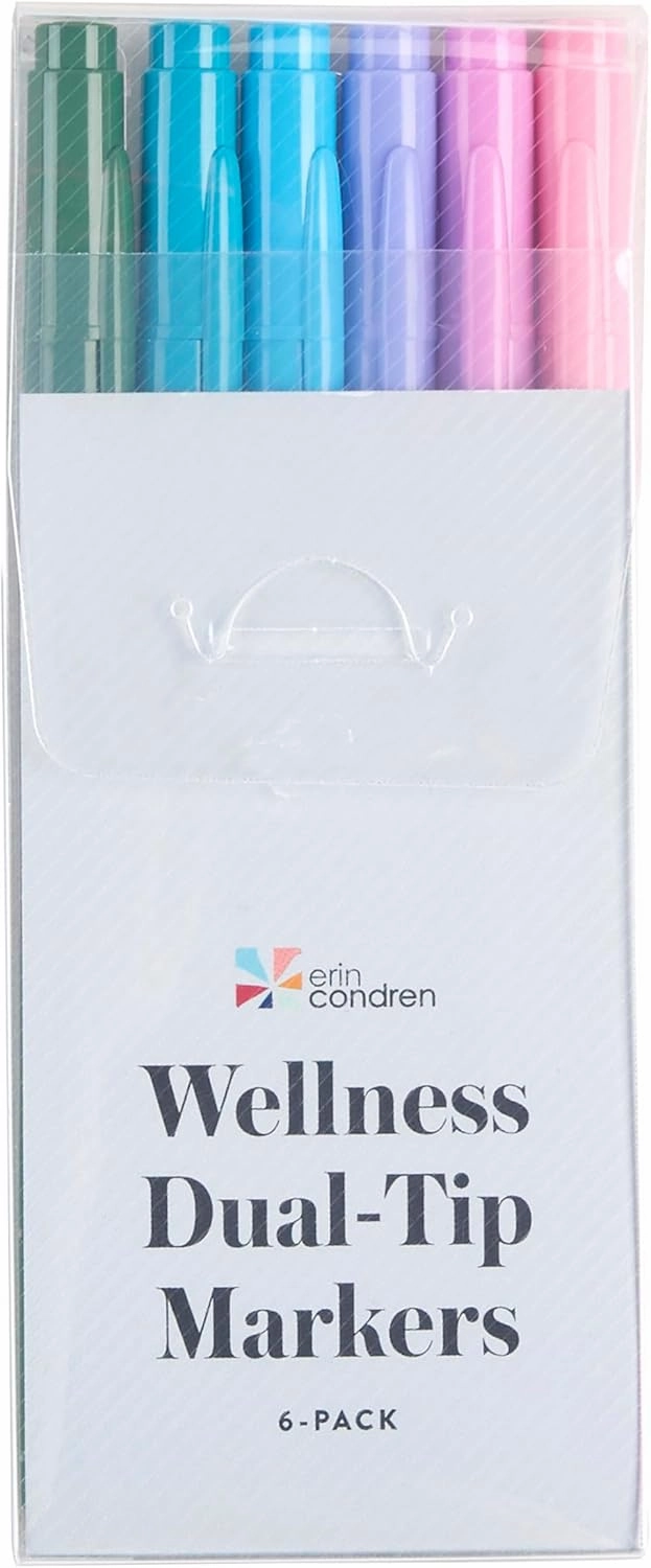 Erin Condren Colorful Wellness-Themed Dual-Tip Markers 6-Pack with Motivational Markers Set Featuring Wellness Prompts and Inspiration