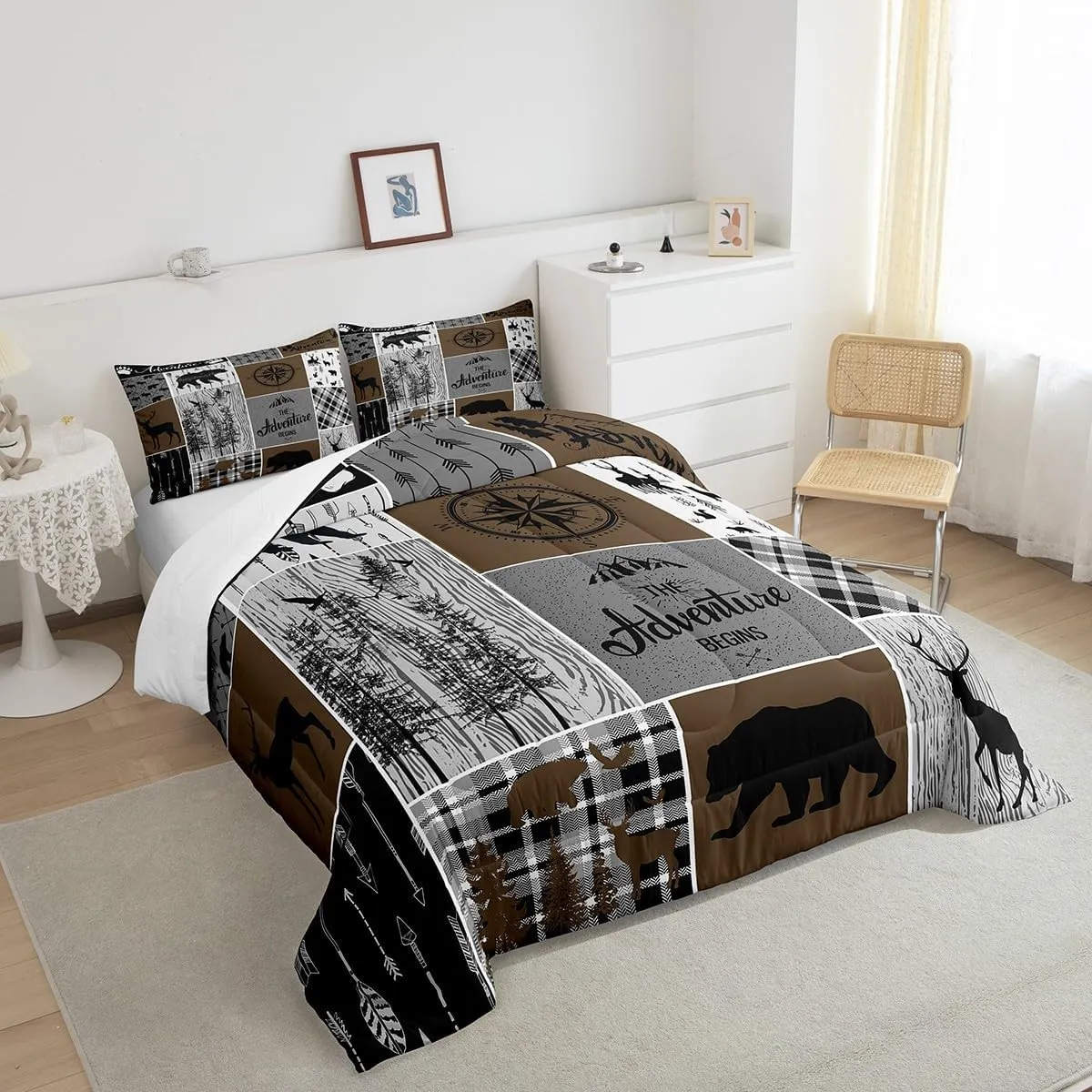 Erosebridal Rustic Patchwork Queen Comforter Set for Boys, Retro Country Farmhouse Quilt Cabin Room Decor, Western Deer Bear Bedding Woodland Wildlife Adventure Camping Duvet Insert, Gray Brown