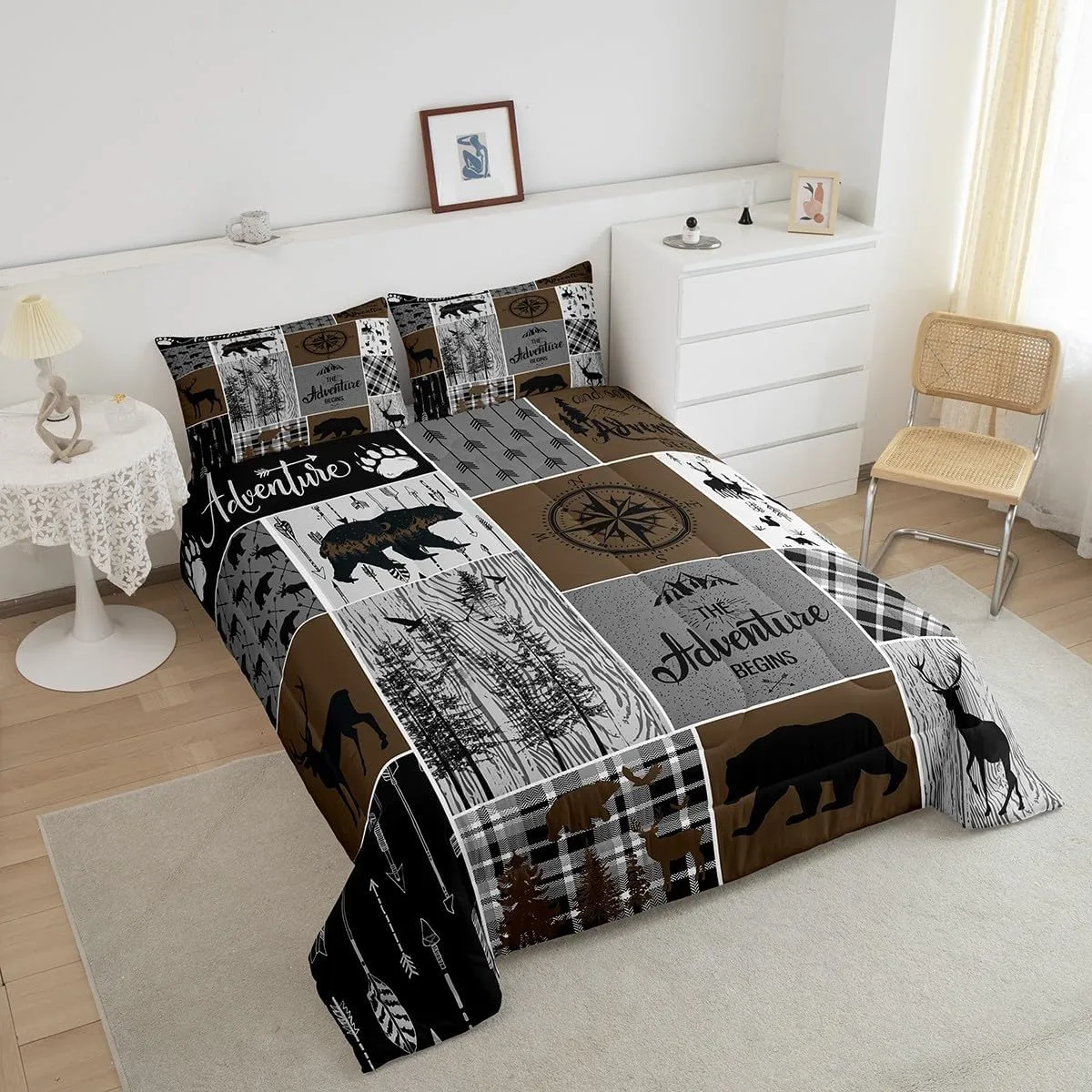Erosebridal Rustic Patchwork Queen Comforter Set for Boys, Retro Country Farmhouse Quilt Cabin Room Decor, Western Deer Bear Bedding Woodland Wildlife Adventure Camping Duvet Insert, Gray Brown