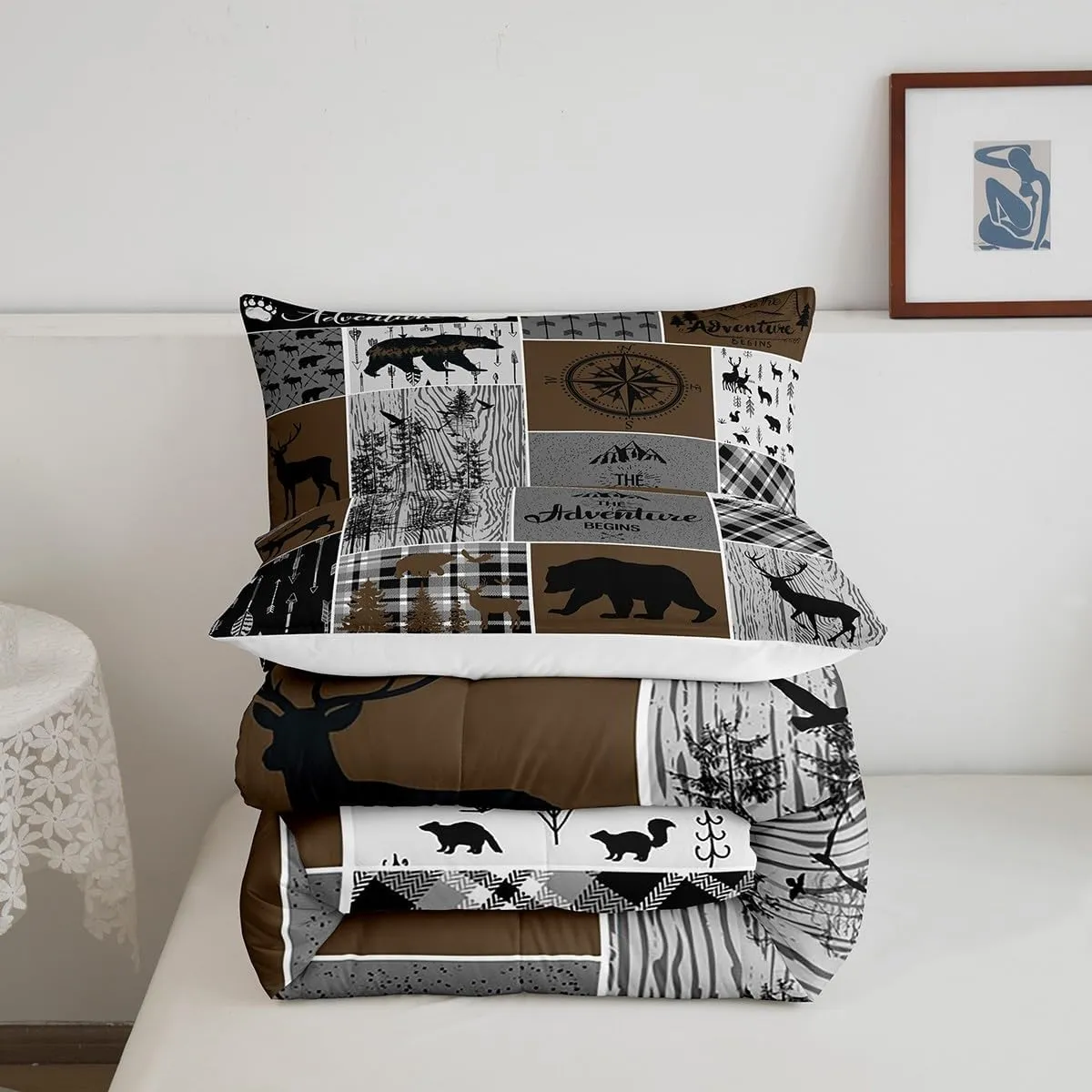 Erosebridal Rustic Patchwork Queen Comforter Set for Boys, Retro Country Farmhouse Quilt Cabin Room Decor, Western Deer Bear Bedding Woodland Wildlife Adventure Camping Duvet Insert, Gray Brown