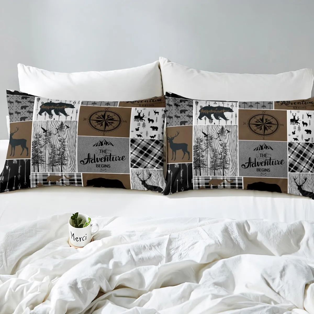 Erosebridal Rustic Patchwork Queen Comforter Set for Boys, Retro Country Farmhouse Quilt Cabin Room Decor, Western Deer Bear Bedding Woodland Wildlife Adventure Camping Duvet Insert, Gray Brown