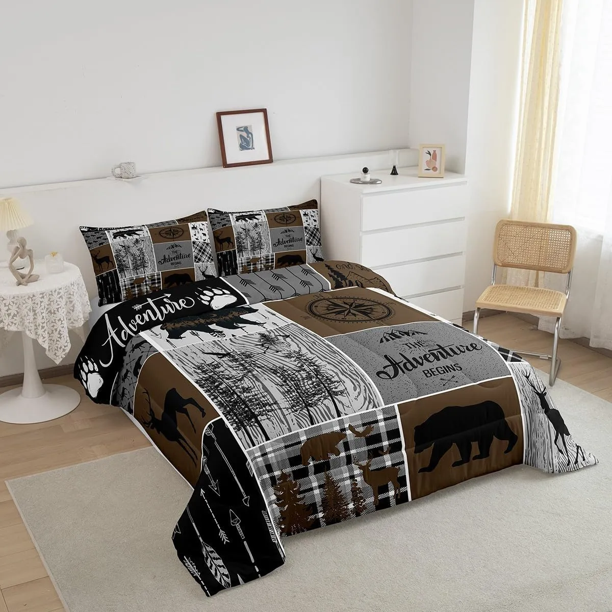 Erosebridal Rustic Patchwork Queen Comforter Set for Boys, Retro Country Farmhouse Quilt Cabin Room Decor, Western Deer Bear Bedding Woodland Wildlife Adventure Camping Duvet Insert, Gray Brown