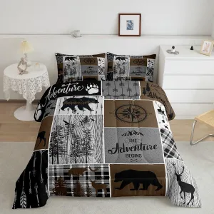 Erosebridal Rustic Patchwork Queen Comforter Set for Boys, Retro Country Farmhouse Quilt Cabin Room Decor, Western Deer Bear Bedding Woodland Wildlife Adventure Camping Duvet Insert, Gray Brown