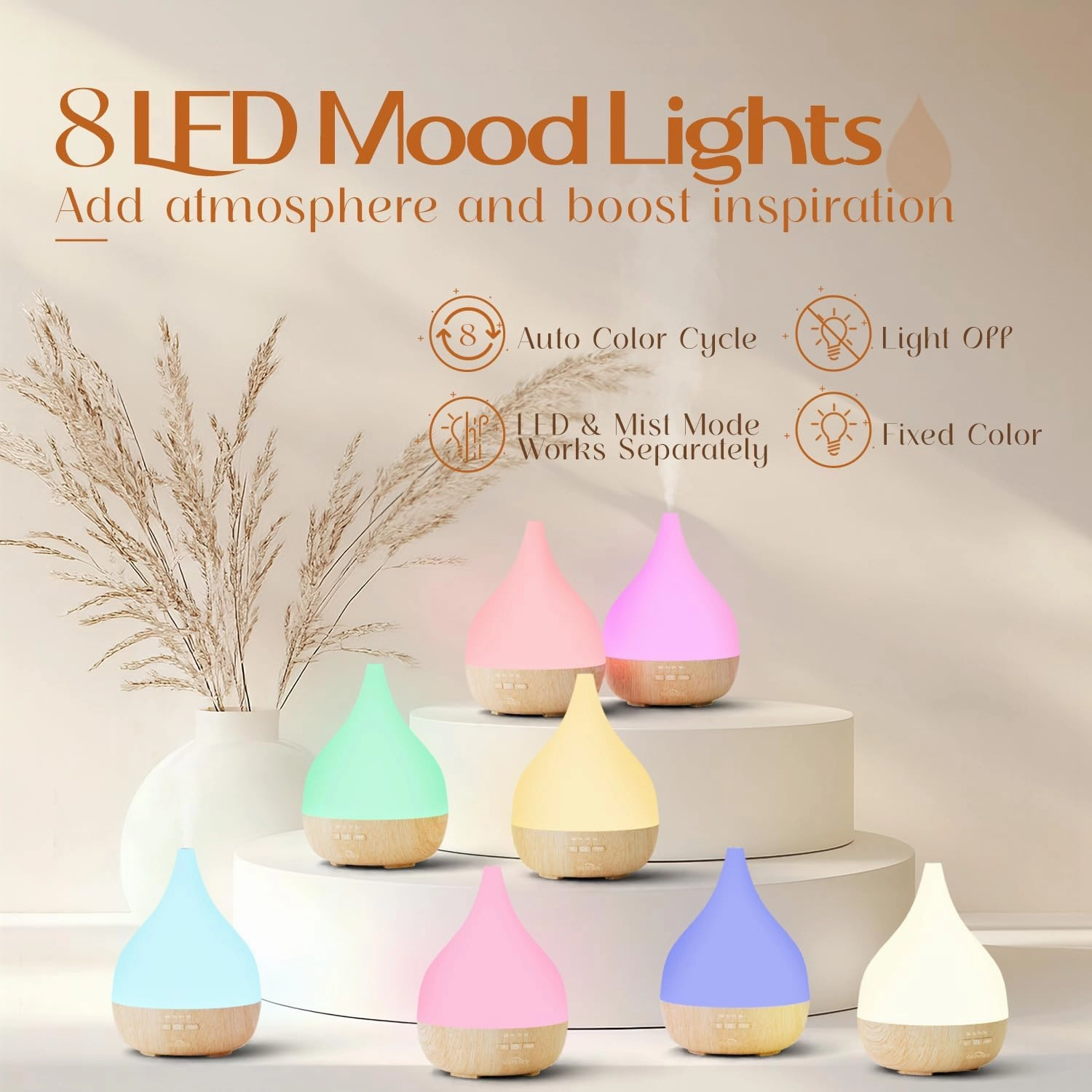 Essential Oil Diffuser, 350ml Large Room Cool Mist Air Humidifier, Whisper Quiet Ultrasonic Aromatherapy Diffusers with 8 Color LED Light, Timer and Auto-Off Safety Switch