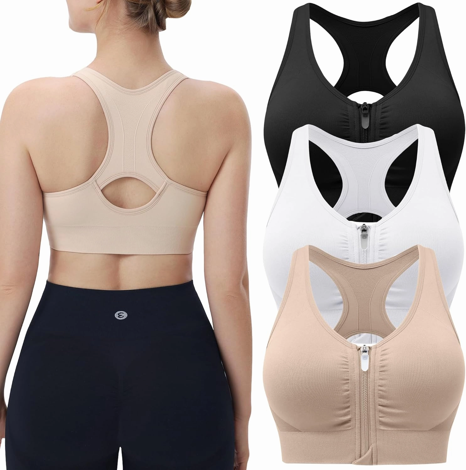 Evercute Women's Zip Front Sports Bras Wireless Padded Racerback Medium Support Post-Surgery Bra Yoga Exercise Athletic Bras