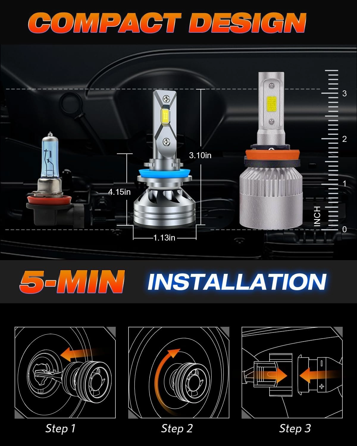 FAHREN H11 H8 H9 LED Light Bulb, Super Bright 6500K, 1:1 Size Easy Installation Fog Bulb, IP68 Waterproof, Pack of 2