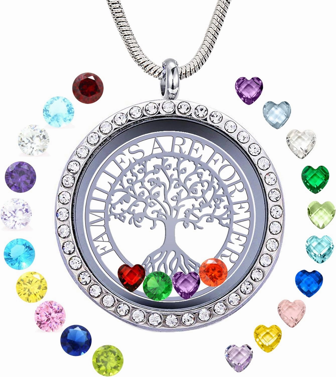 Familes Are Forever Family Tree of Life Floating Locket Necklace with 24 Birthstones
