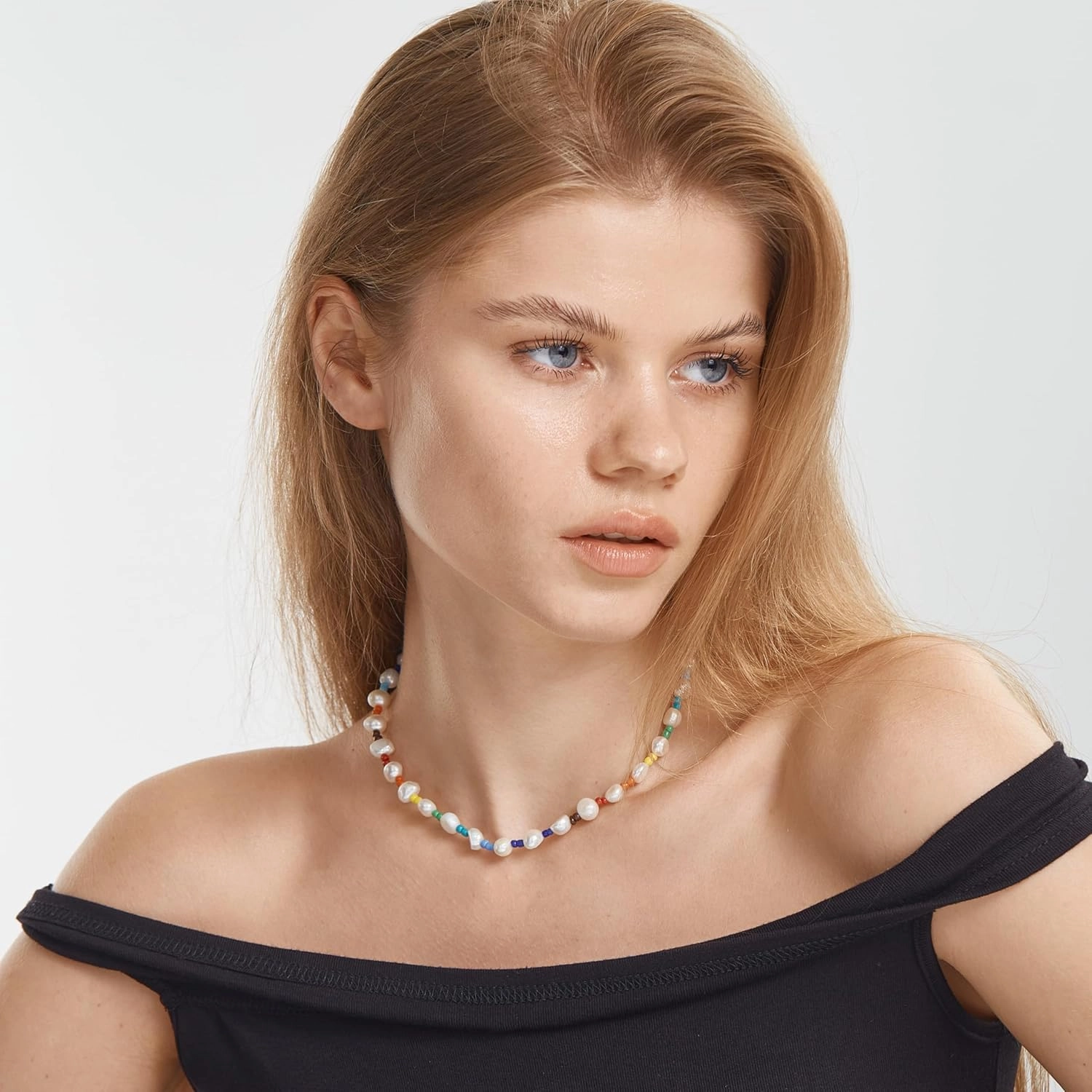 FANZE Baroque Pearl Choker Necklace for Women, Natural Real Ivory Freshwater Cultured Pearl Colorful Irregular Turquoise Colorful Gemstone Crystal Beads, Boho Charms Elegant Statement Jewelry Gifts