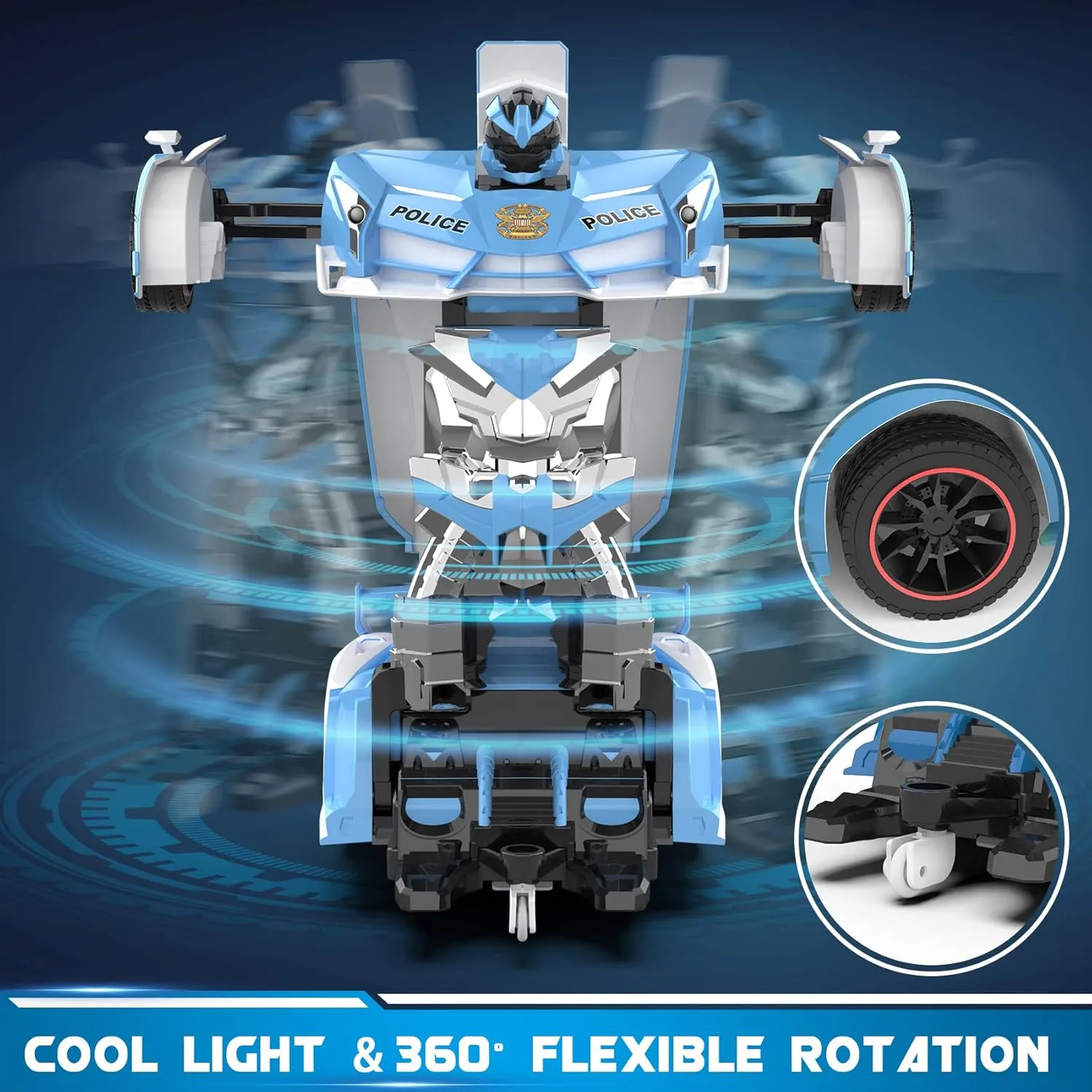 FDJ RC Cars - Transform Remote Control Car, 2.4Ghz 1:18 Scale Transforming Police Car Toy with Flashing Light, One Button Deformation 360 Degree Rotating Drifting Kids Toys Car for Boys Girls