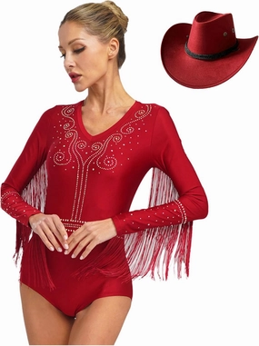 FEESHOW Women's Shiny Rhinestone Tassel Cha Cha Rumba Samba Latin Dance Leotard Bodysuit with Hat