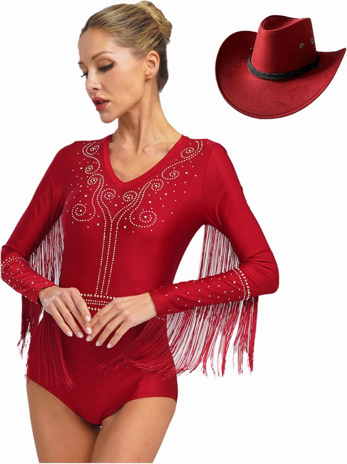 FEESHOW Women's Shiny Rhinestone Tassel Cha Cha Rumba Samba Latin Dance Leotard Bodysuit with Hat