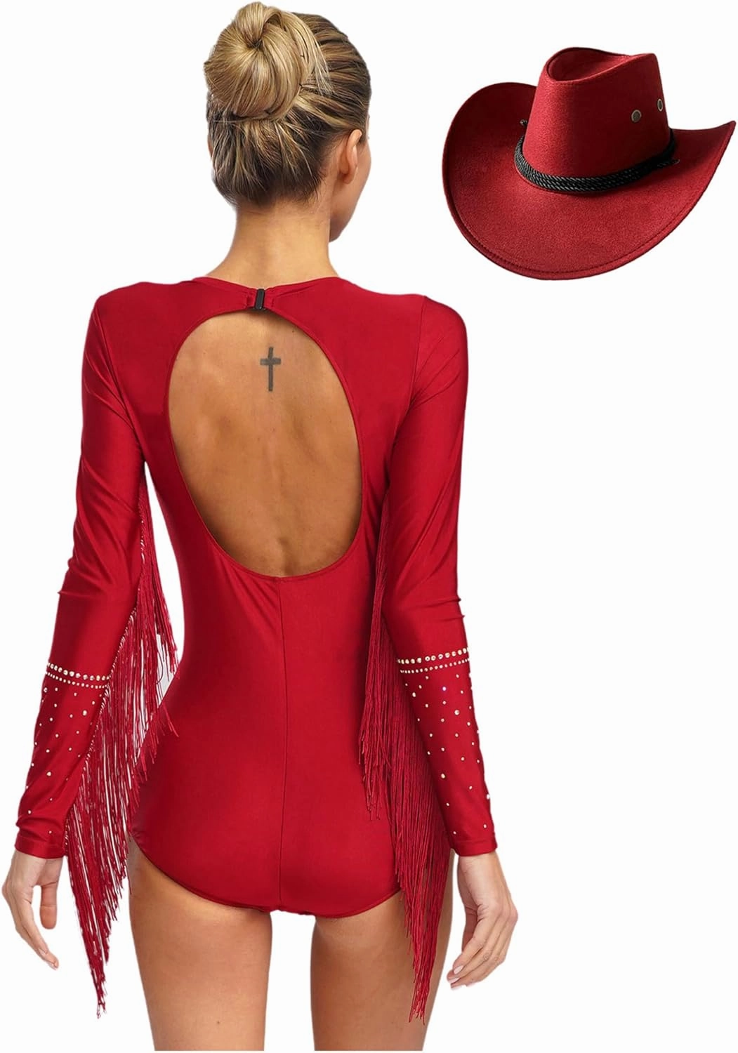 FEESHOW Women's Shiny Rhinestone Tassel Cha Cha Rumba Samba Latin Dance Leotard Bodysuit with Hat