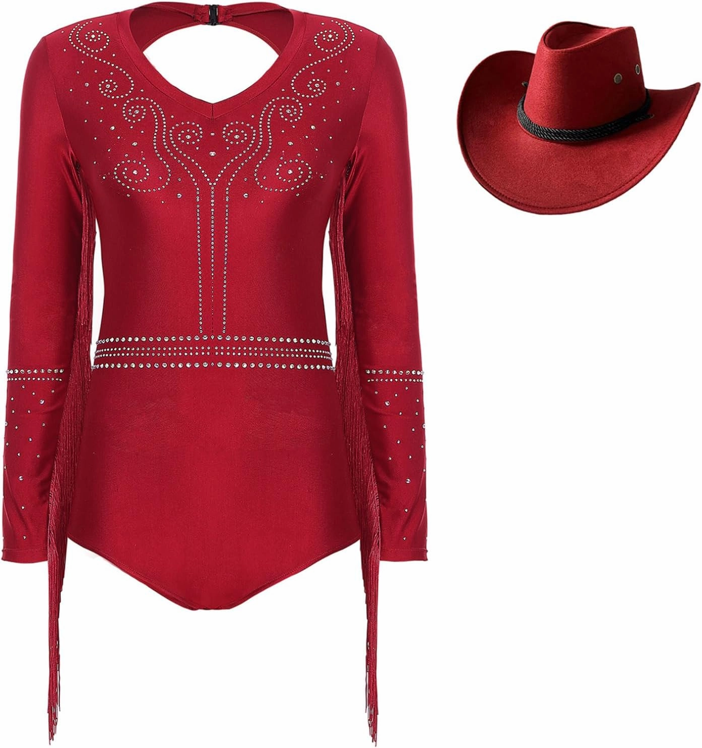 FEESHOW Women's Shiny Rhinestone Tassel Cha Cha Rumba Samba Latin Dance Leotard Bodysuit with Hat