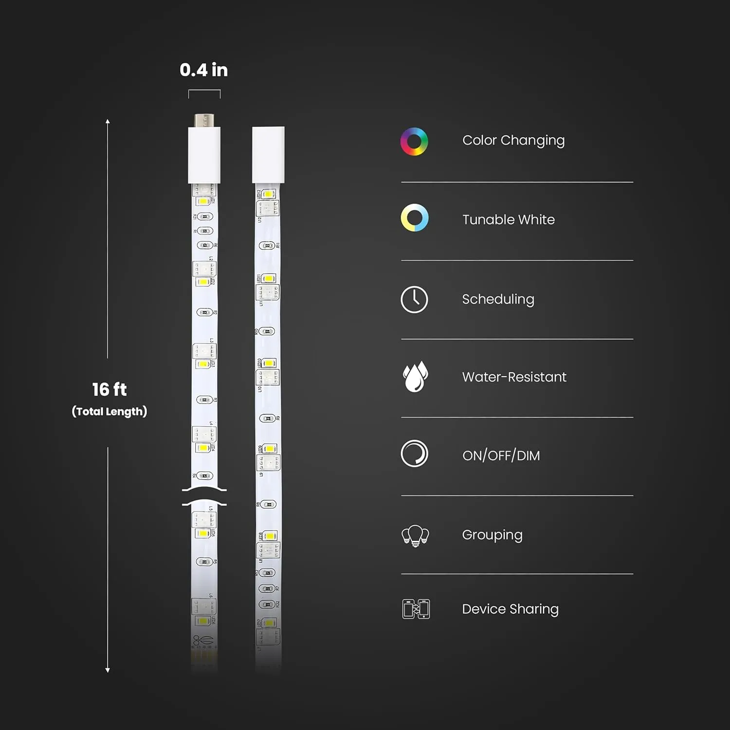 Feit Electric Smart Light Strip 16FT, Ultrathin RGBW Color Chasing LED Light Strip, 2.4GHz Wi-Fi Enabled, Works with Alexa and Google Home Assistant, Remote Control, (0.4in x 192in) TAPE192/CHASE/AG