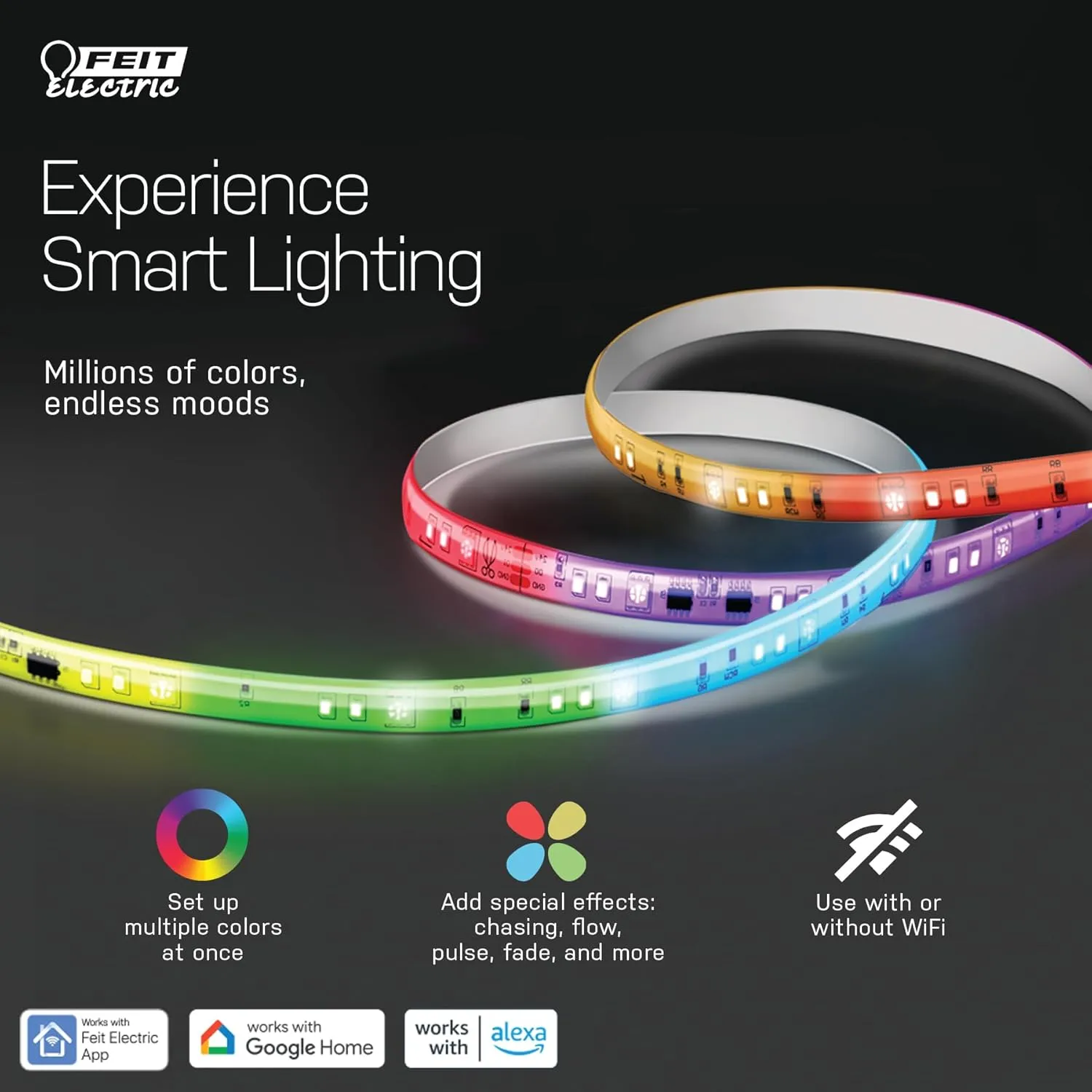 Feit Electric Smart Light Strip 16FT, Ultrathin RGBW Color Chasing LED Light Strip, 2.4GHz Wi-Fi Enabled, Works with Alexa and Google Home Assistant, Remote Control, (0.4in x 192in) TAPE192/CHASE/AG
