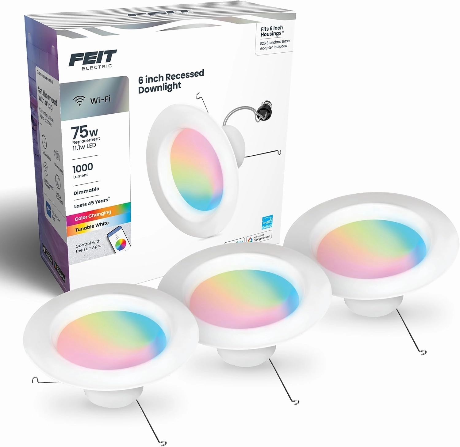 Feit Electric Smart Recessed Downlights, 5/6-Inch, 75W Equivalent, WiFi LED Retrofit, Color-Changing & Tunable White, 1000 Lumens, Dimmable, Works with Alexa/Google Assistant, LEDR6/RGBW/AG/3, 3 Pack
