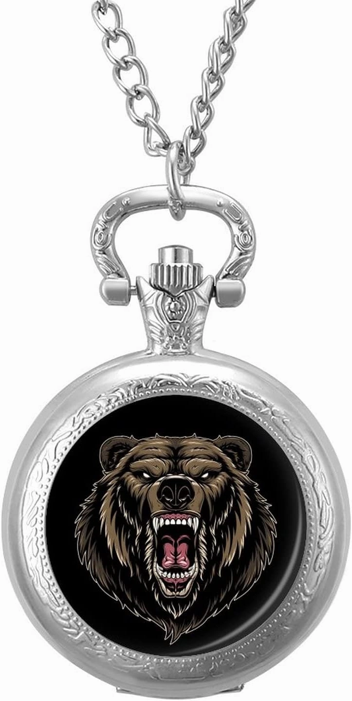 Ferocious Grizzly Bear Pocket Watch Vintage Pendant Watches Necklace with Chain Gifts for Birthday