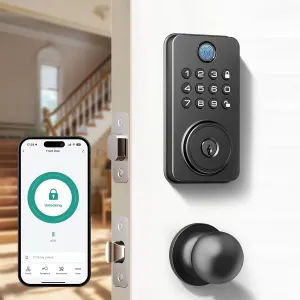 Fingerprint Door Lock with Knobs, Keyless Entry Deadbolt with Auto Lock, Keypad and App Support for Front Door and Bedroom, Easy to Install – N201