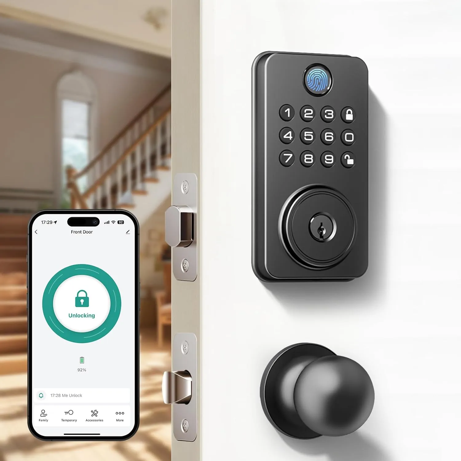 Fingerprint Door Lock with Knobs, Keyless Entry Deadbolt with Auto Lock, Keypad and App Support for Front Door and Bedroom, Easy to Install – N201