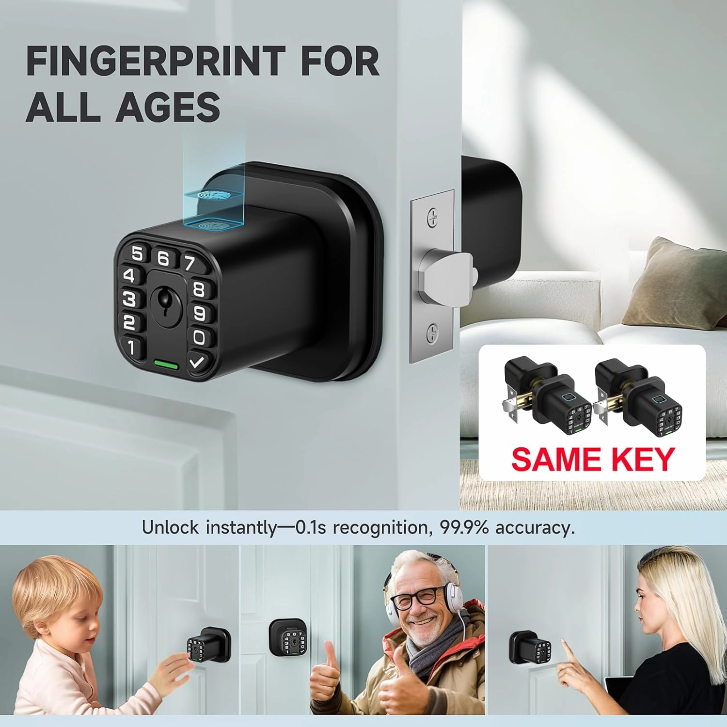 Fingerprint Door knob, Smart Biometric Door Lock with Keypad, Keyless Entry Code Door Knob, Waterproof & Weatherproof, Auto Lock,Voice Navigation, for Bedroom, Gate,Office