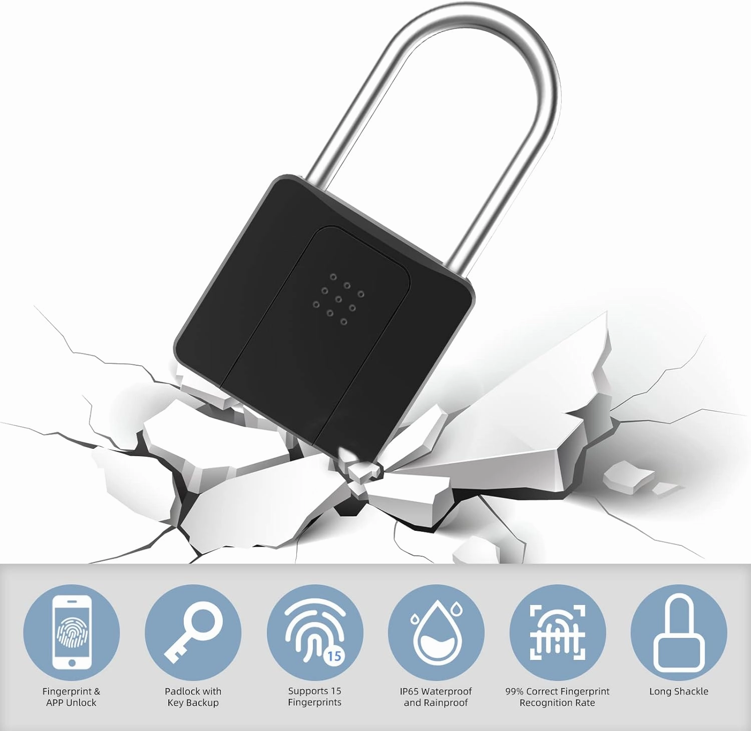 Fingerprint Padlock, Eseesmart Long Shackle Smart Padlock Bluetooth Lock with Mobile APP Outdoor Waterproof Lock for School Gym Locker, Fence, Gate, Toolbox