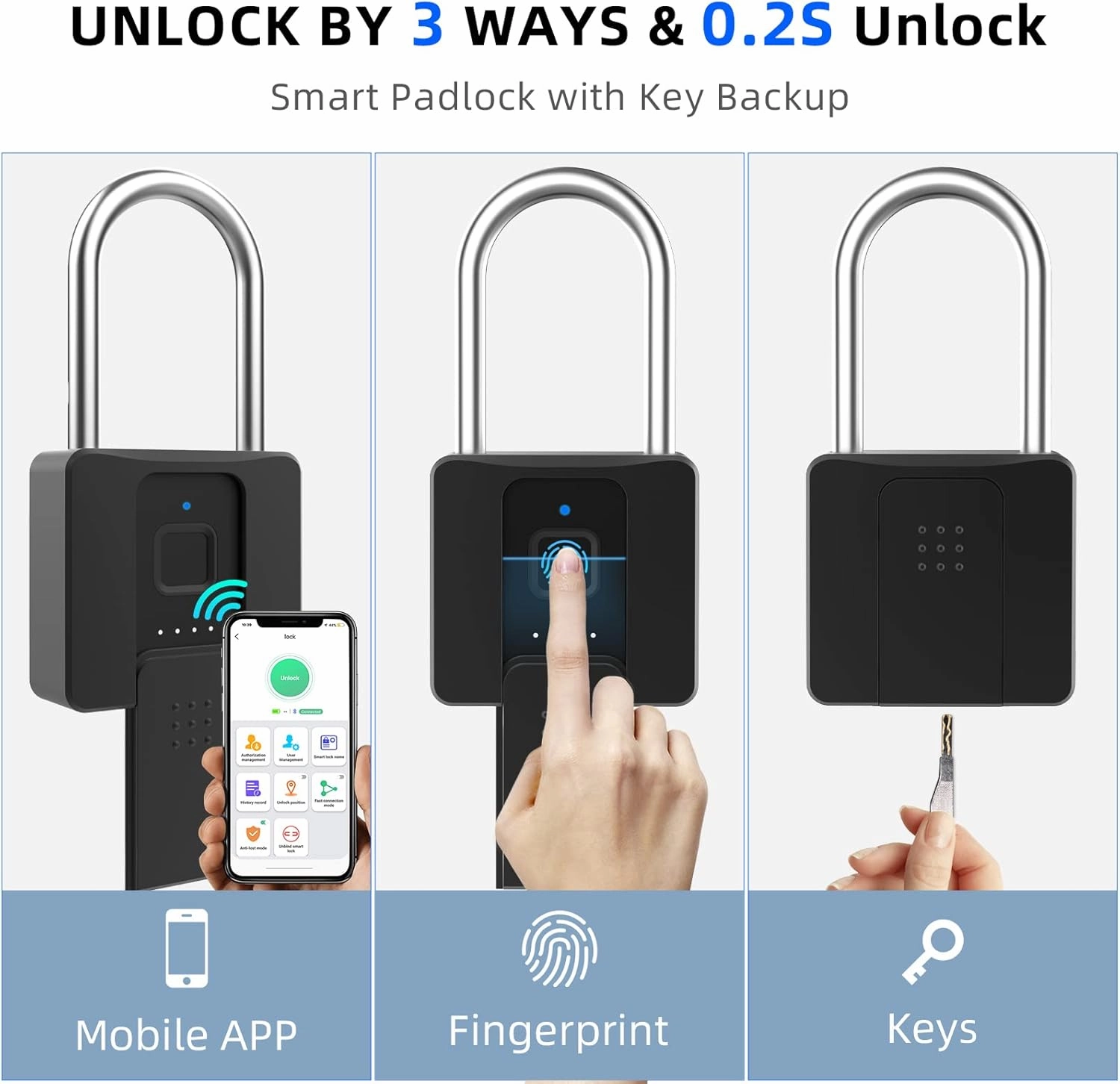 Fingerprint Padlock, Eseesmart Long Shackle Smart Padlock Bluetooth Lock with Mobile APP Outdoor Waterproof Lock for School Gym Locker, Fence, Gate, Toolbox