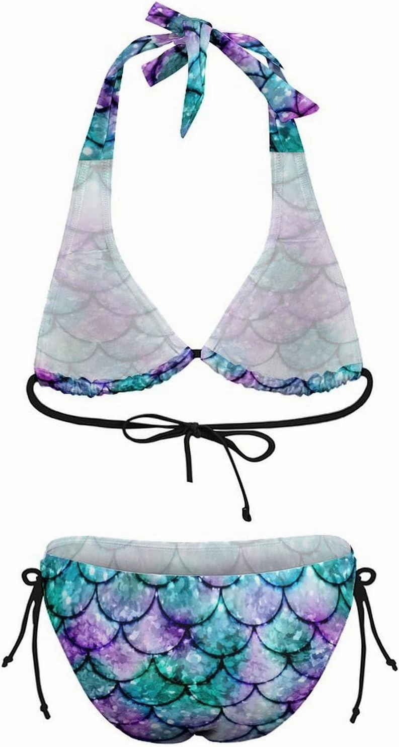 Fish Scale Colorful Bikini Set Woman Halter Padded Side Tie Triangle Beach Sexy Bathing Suits Backless Pool