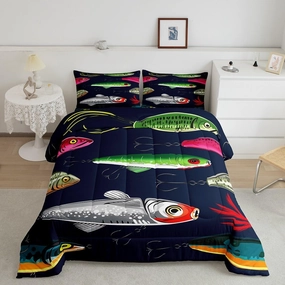 Fishing Lure Bedding Set Comforter Kids Boys Girls Colorful Fish Bait Comforter Set Fishman Fishing Theme Decor Quilt Set Twin Size,for Children Teen Kids - Includes 1 Comforter, 1 Pillow Cases