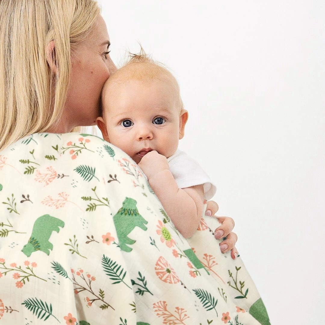 Floral Bear Muslin Swaddle Blankets, Baby Muslin Quilt for Boys Girls Toddlers, Everything Blanket, Stroller Cover, Large 43"X45"(Flower Bear)