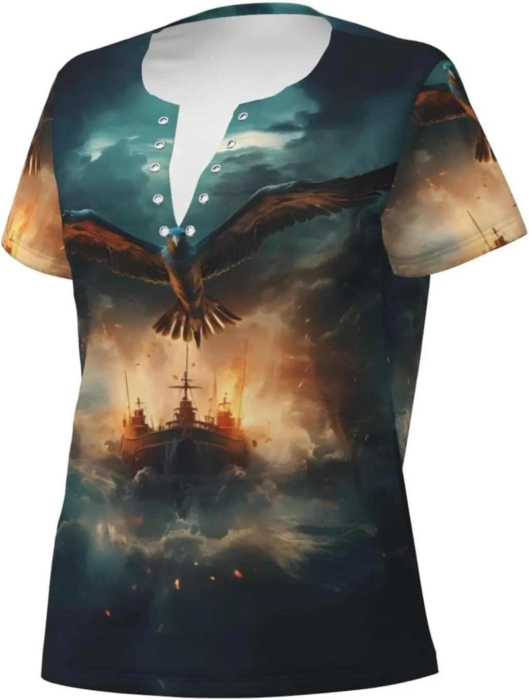 Flying Bird Ship Undersea Pattern Sexy V-Neck Printed Short T-Shirt, Travel Portable Fitness Clothes, Home and Outdoor wear