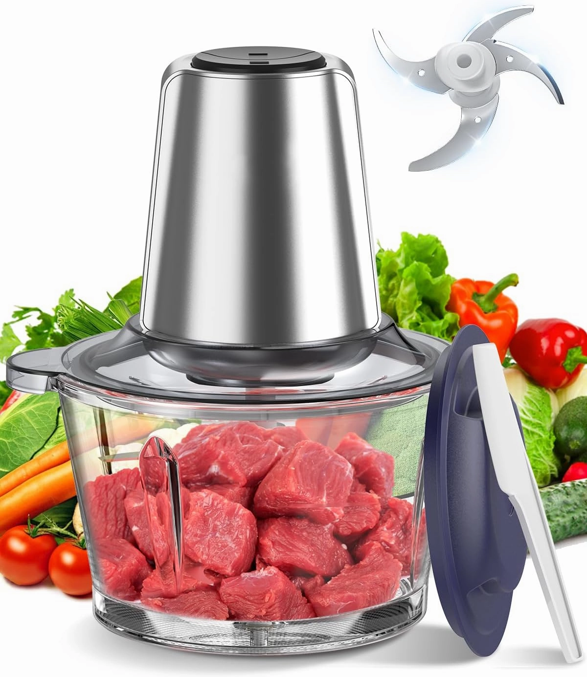 Food Processor Chopper Meat Grinder, 2-Speed 500W Electric Meat Chopper with 8 Cup Glass Bowl & Bi-Level Blades for Kitchen Home Use Baby Food Onion Vegetables, Silver