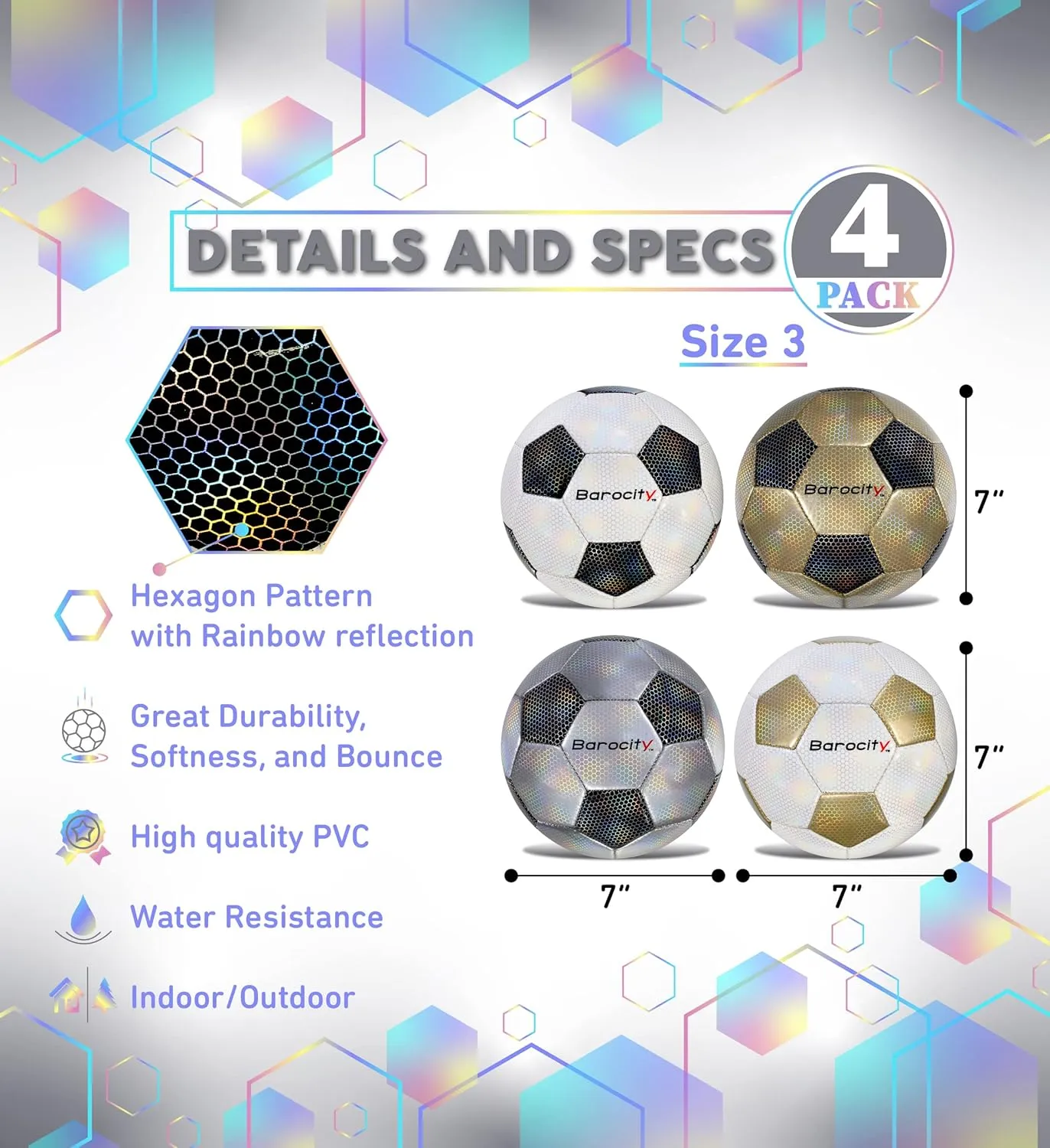 Footballs for Kids Pee Wee – Premium Official Match Ball with Reflective Rainbow Hex Pattern, Durable for Indoor and Outdoor Training