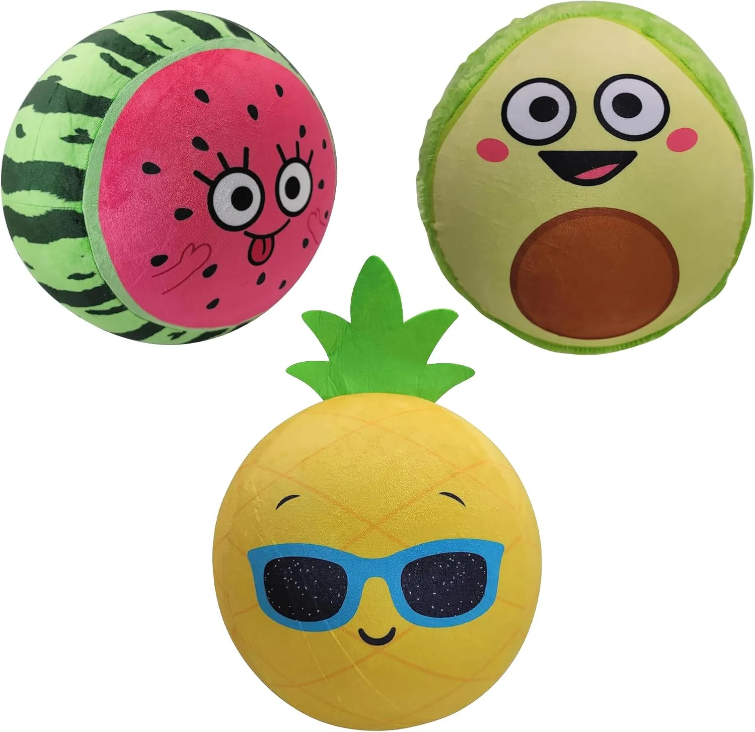 Forest & Twelfth 16” Fruit Bladder Balls Inflatable Watermelon, Avocado, Pineapple Bounce Ball Set with Plush Exterior Ideal for Play, Party Favors, Bouncy Ball Toys for Kids