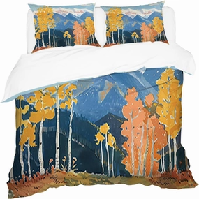 FOTN Aspens and Snow Capped Mountain Quilt Set, Quilts for King Bedding Set Fall Colors Art Comforter Sets Lightweight Bedspread Aesthetic Nature Landscape Bedroom Decor-3Pcs (1 Quilt,2 Pillow Shams)