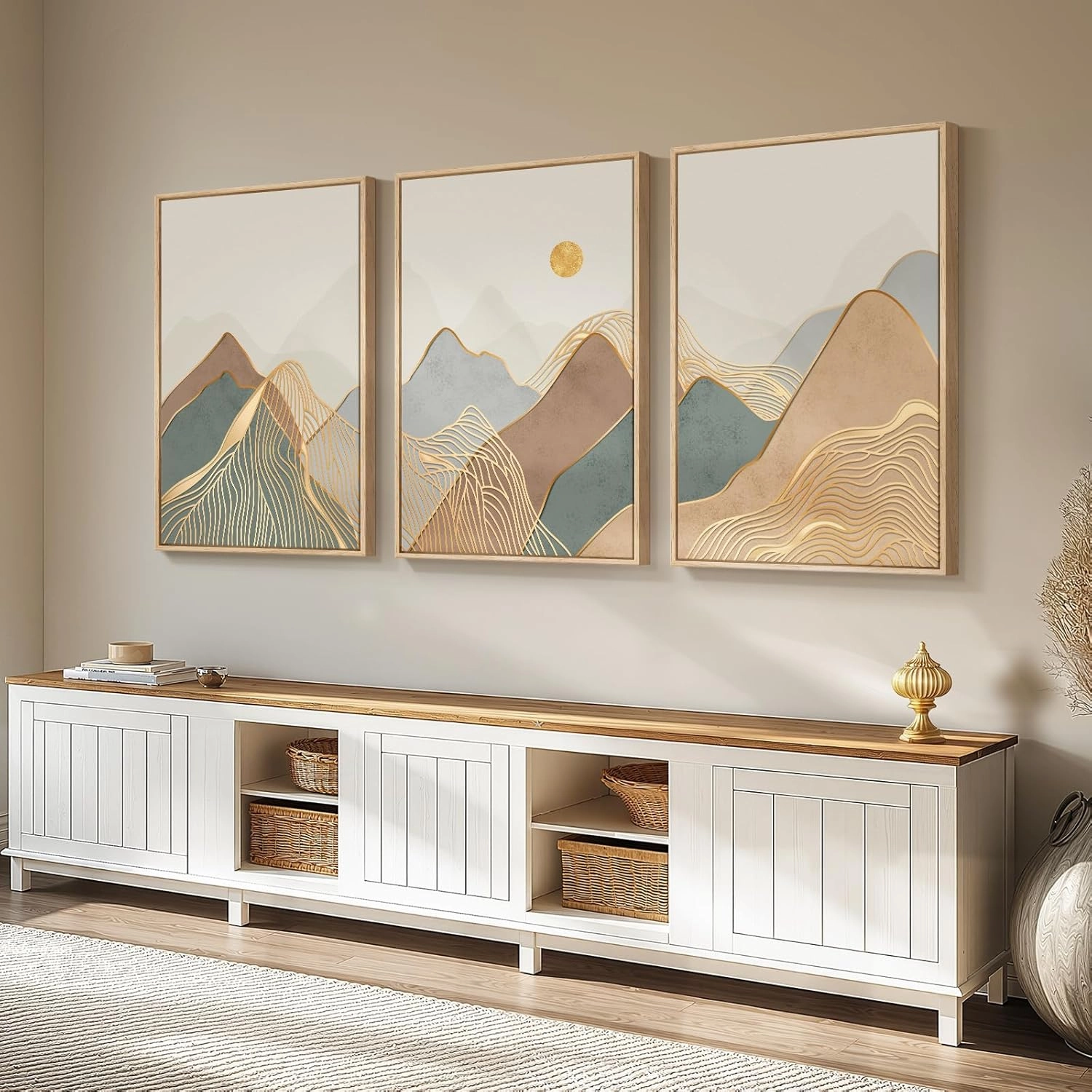 Framed Boho Mountain Wall Art for Living Room, 3 Piece Modern Minimalist Line Canvas Prints Art Decor, Large Nature Landscape Wall Art for Living Room, Bedroom, Hallway Office Wall Decor, 36" x 72"