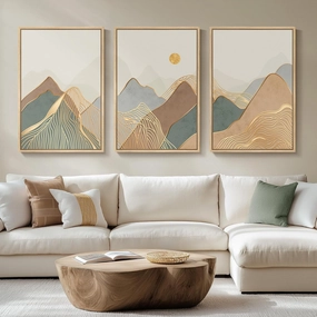 Framed Boho Mountain Wall Art for Living Room, 3 Piece Modern Minimalist Line Canvas Prints Art Decor, Large Nature Landscape Wall Art for Living Room, Bedroom, Hallway Office Wall Decor, 36" x 72"
